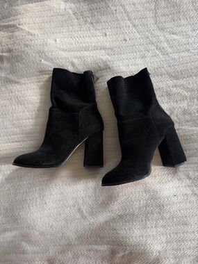 Black Suede Block Heel Ankle Boots - Women's